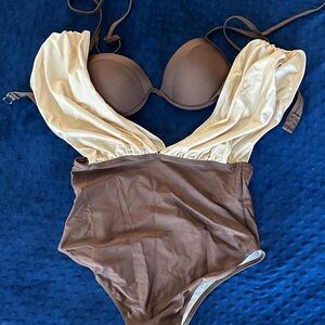 Fashion Nova Brown and Cream One Piece Swimsuit